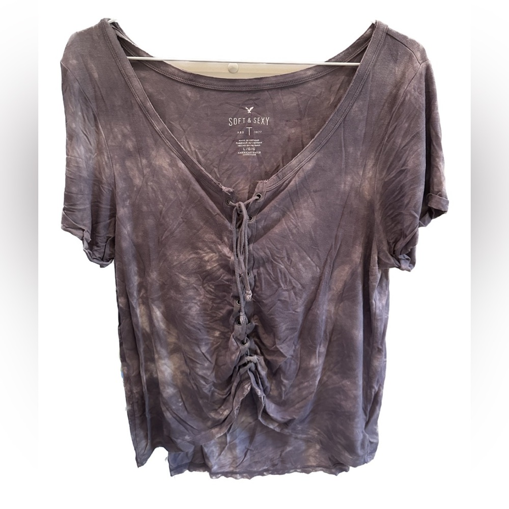 American Eagle Soft & Sexy Lace Up Front Purple Tie Dye Tee Women’s Size Large